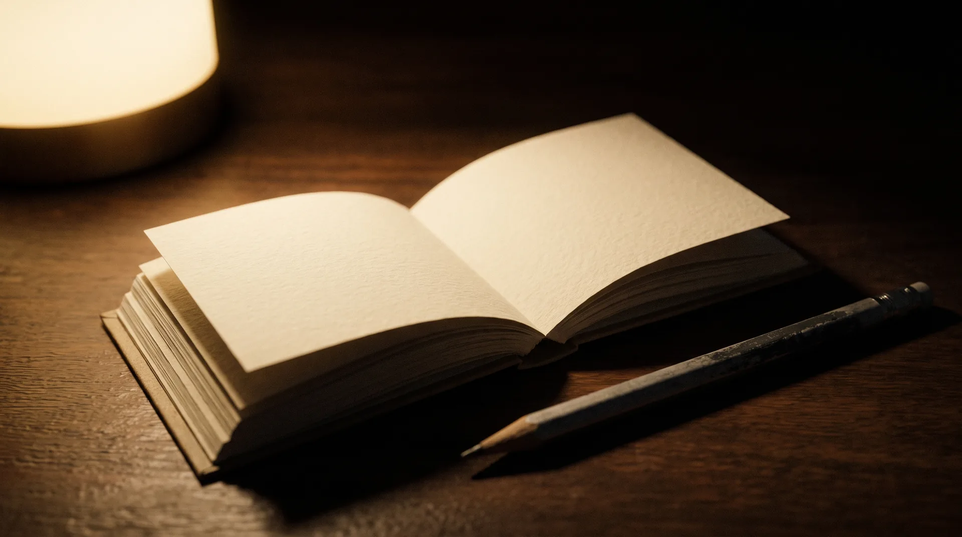 Ein leeres Daumenkino auf dem Tisch, daneben ein Bleistift, warmes Lampenlicht